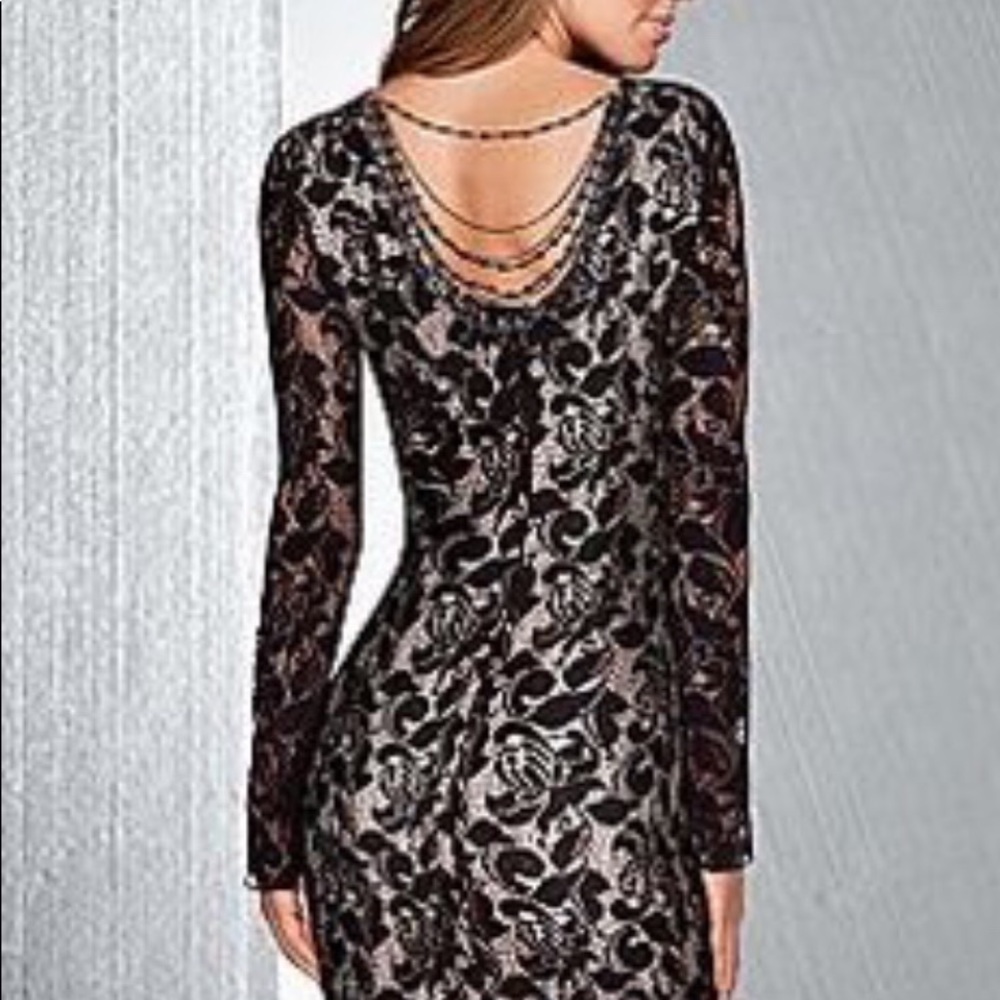 VENUS Black and Tan Lace Open Back Beaded Dress 8
